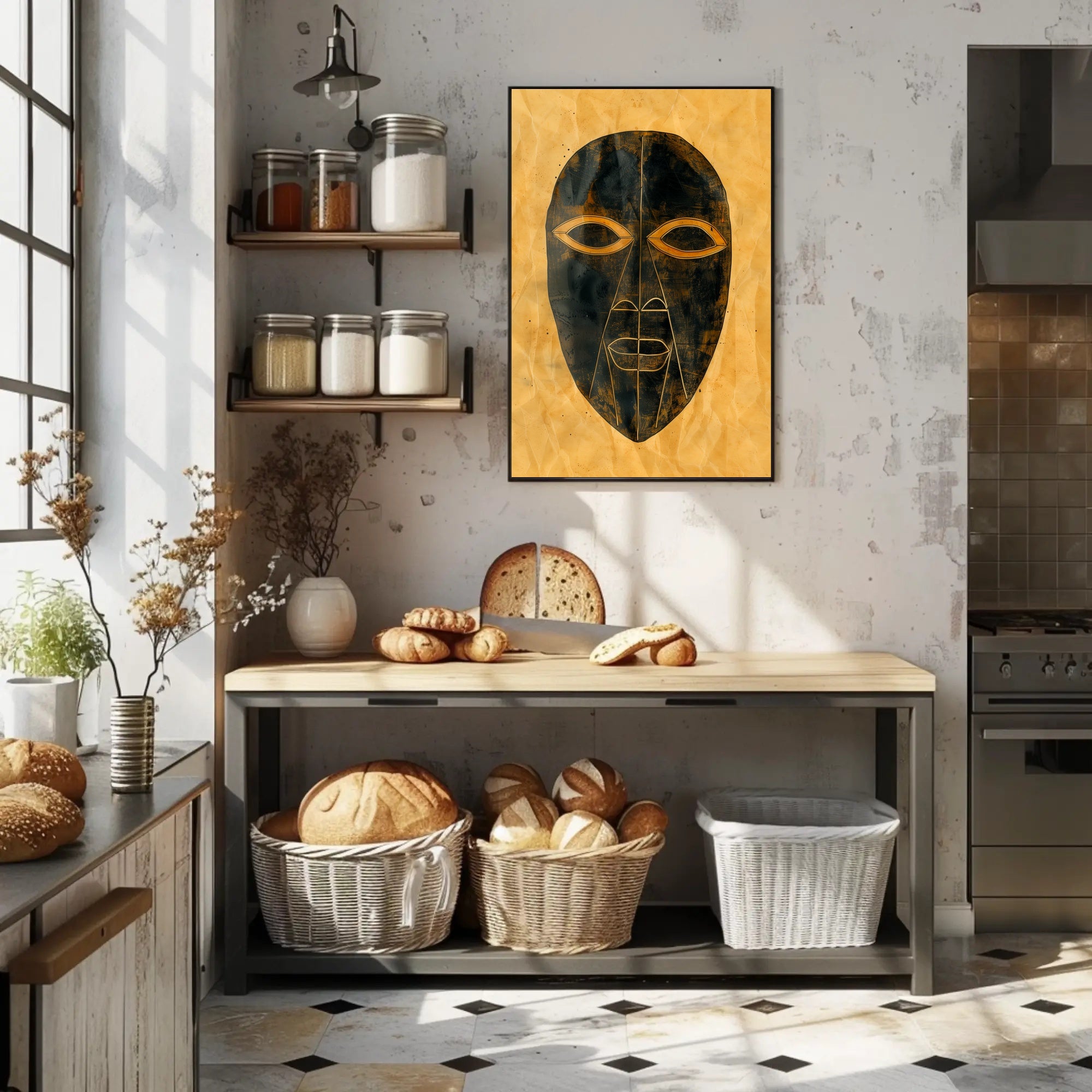 Abstract Tribal Mask Art with Gold Accents Poster PosterGoat