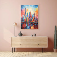 Abstract Urban Sunrise over Modern Cityscape Poster PosterGoat