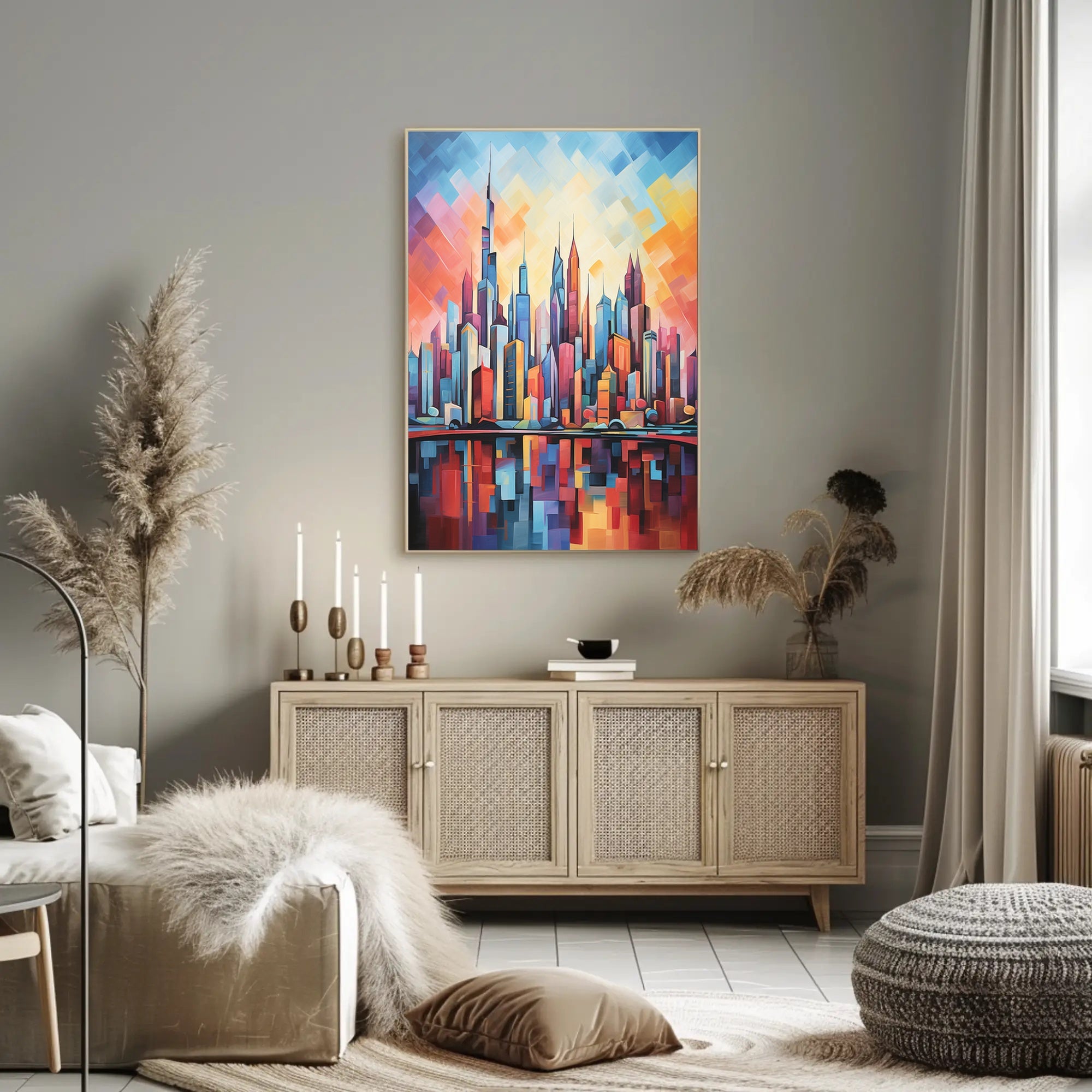 Abstract Urban Sunrise over Modern Cityscape Poster PosterGoat