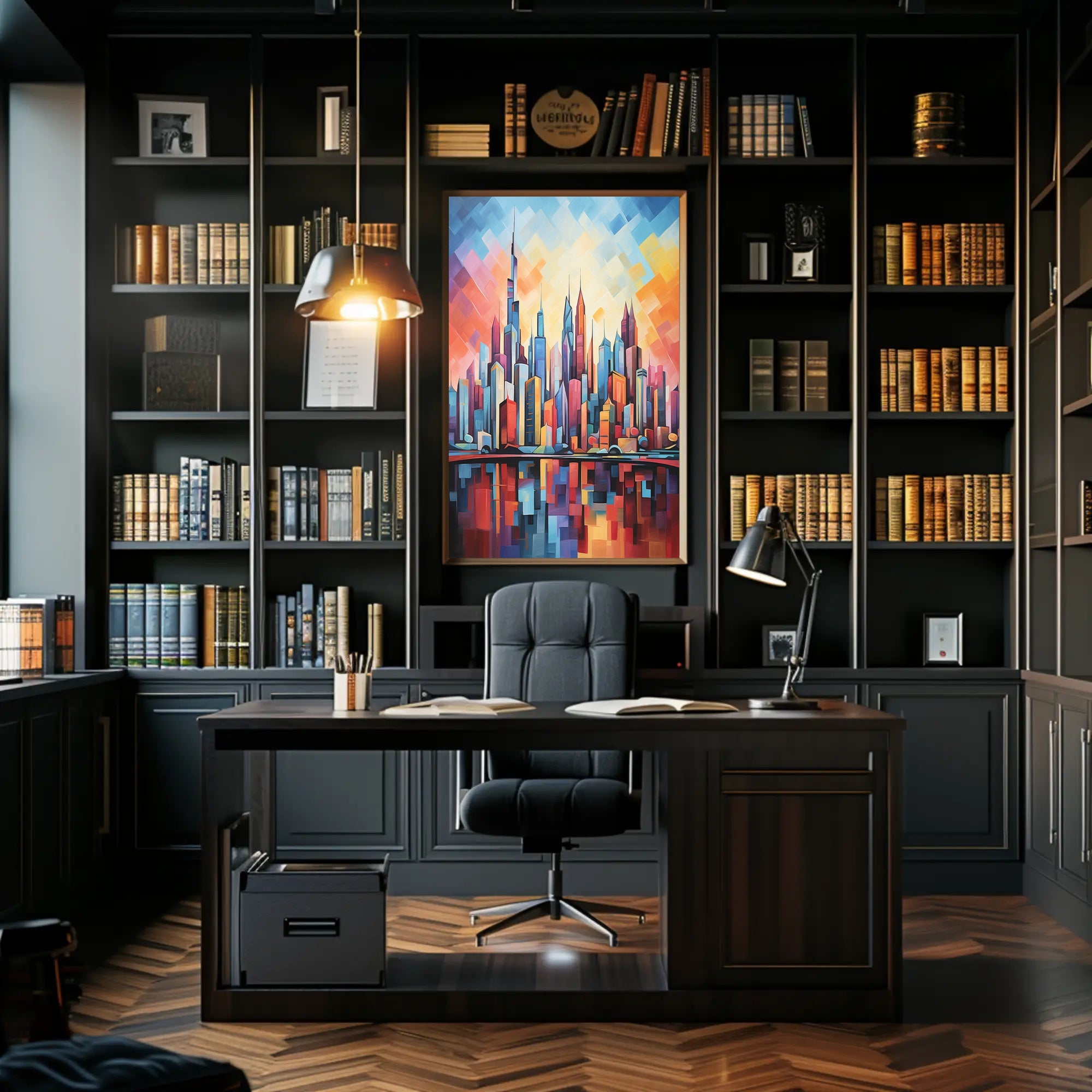 Abstract Urban Sunrise over Modern Cityscape Poster PosterGoat