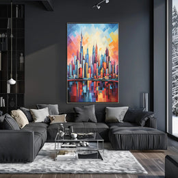 Abstract Urban Sunrise over Modern Cityscape Poster PosterGoat