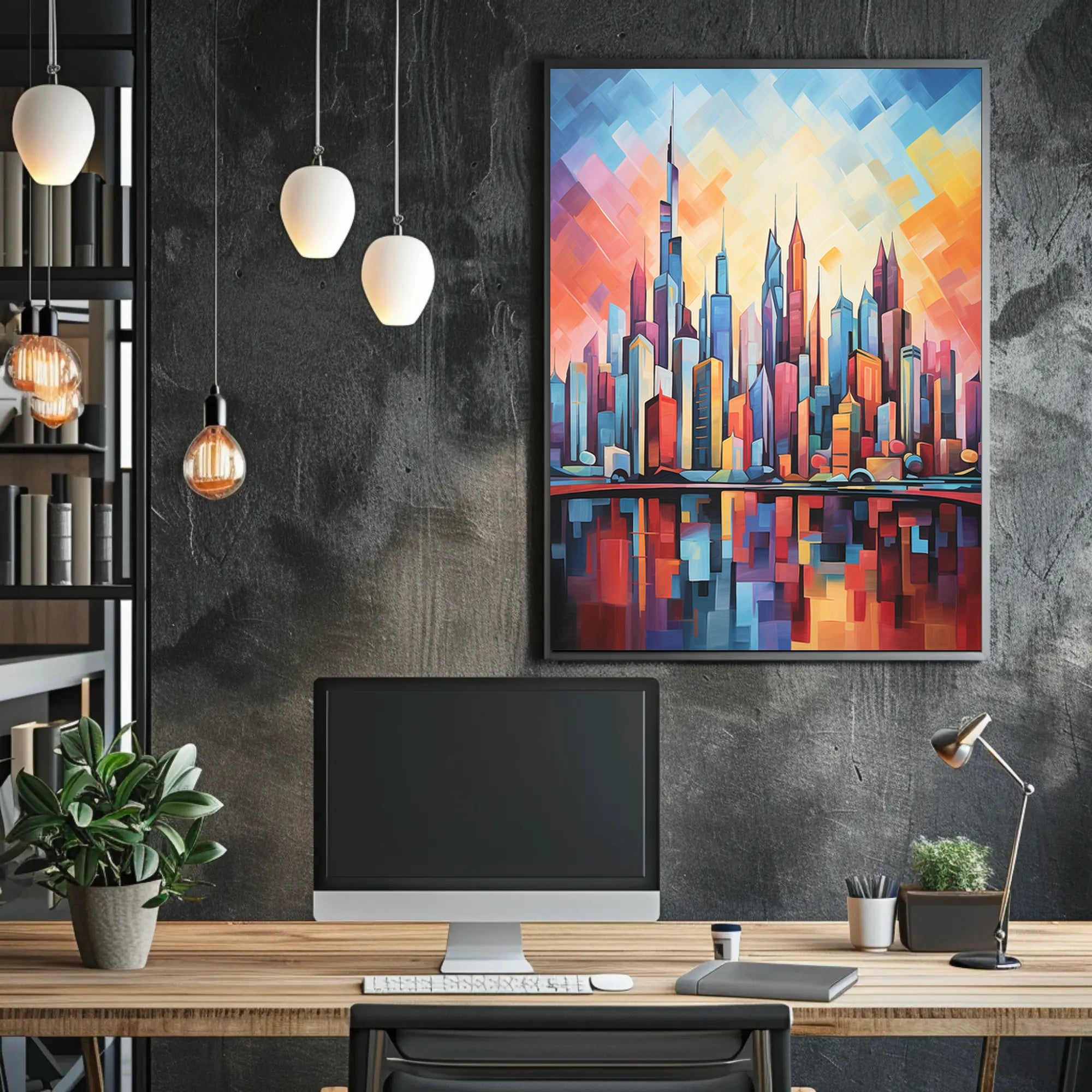 Abstract Urban Sunrise over Modern Cityscape Poster PosterGoat