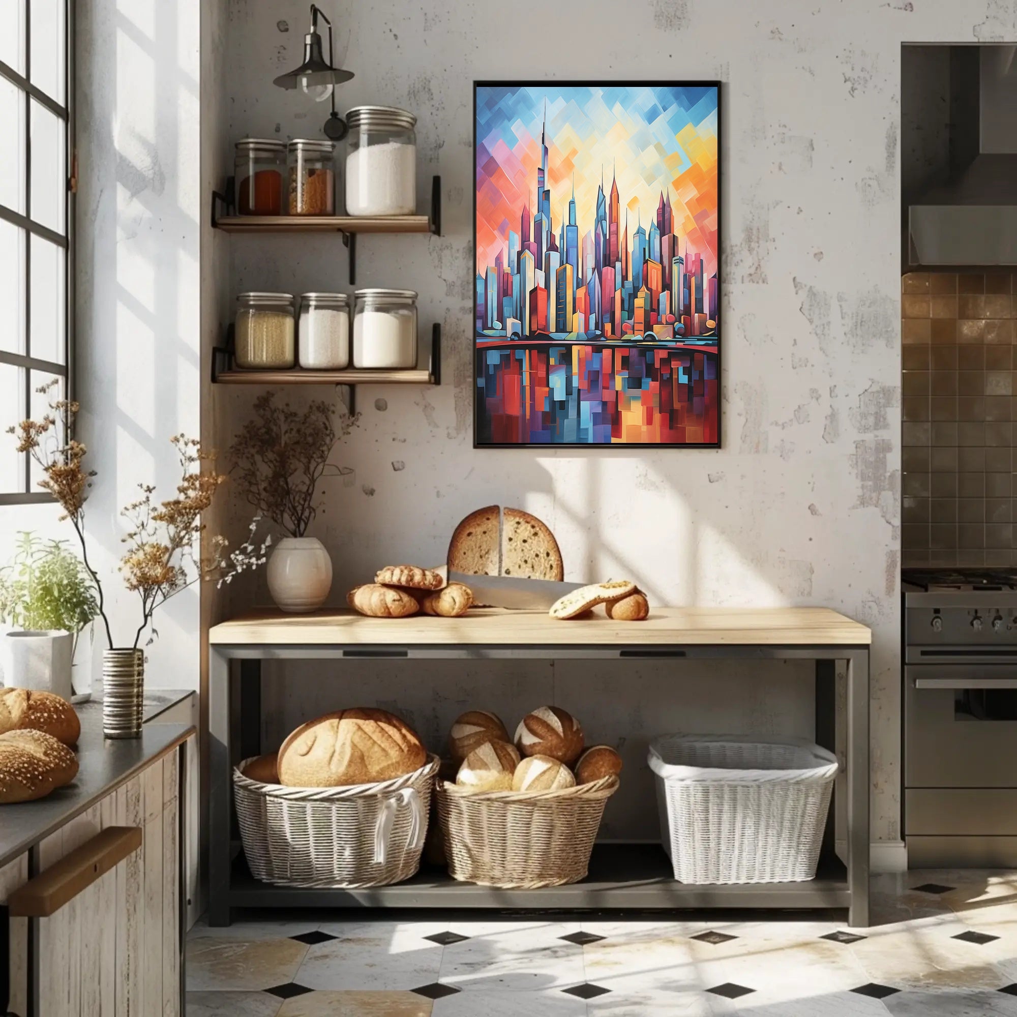 Abstract Urban Sunrise over Modern Cityscape Poster PosterGoat