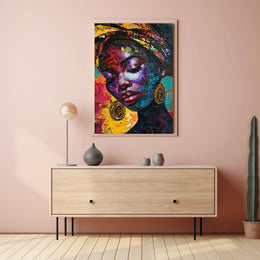Abstract Woman Portrait with Vibrant Headscarf Artistic Poster PosterGoat