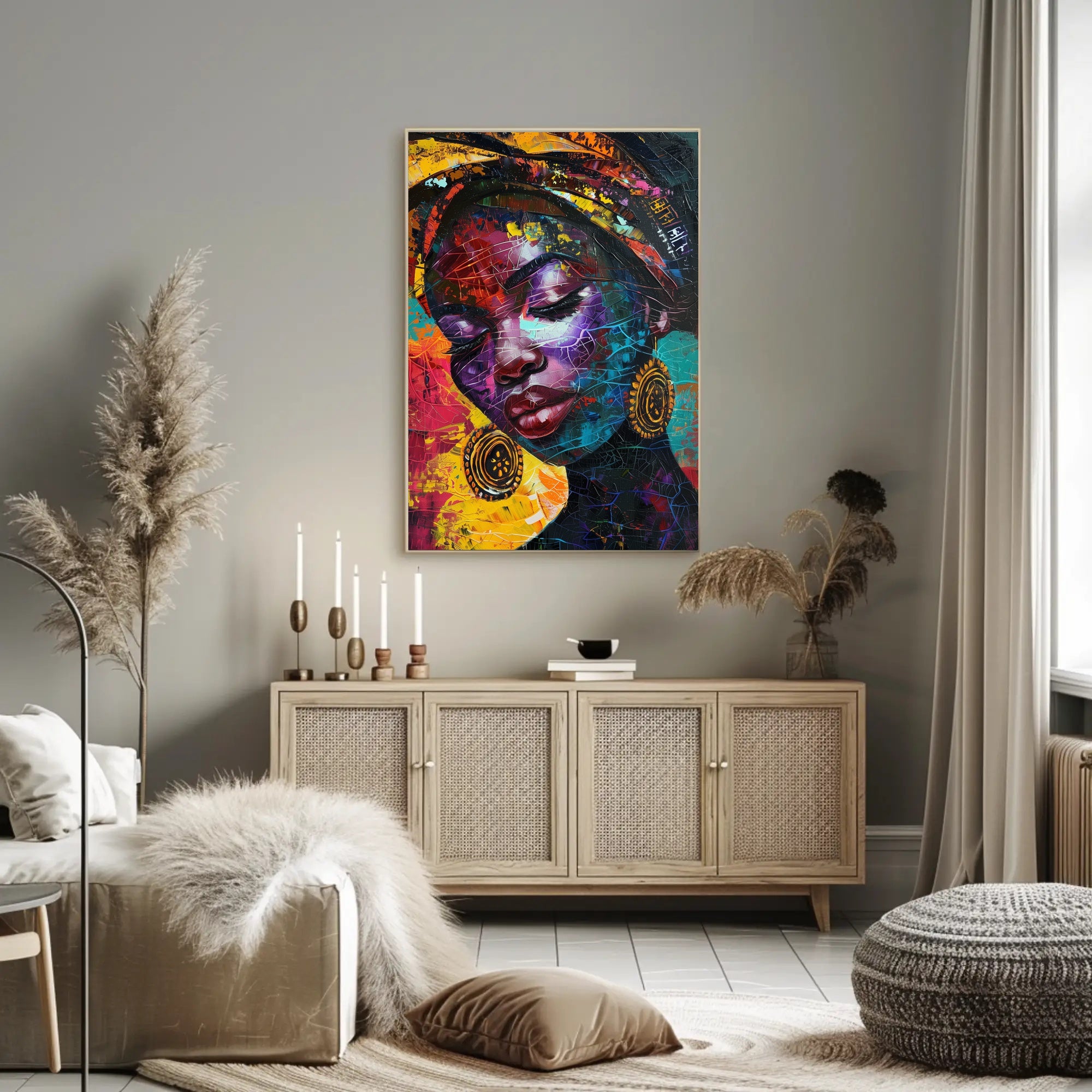 Abstract Woman Portrait with Vibrant Headscarf Artistic Poster PosterGoat