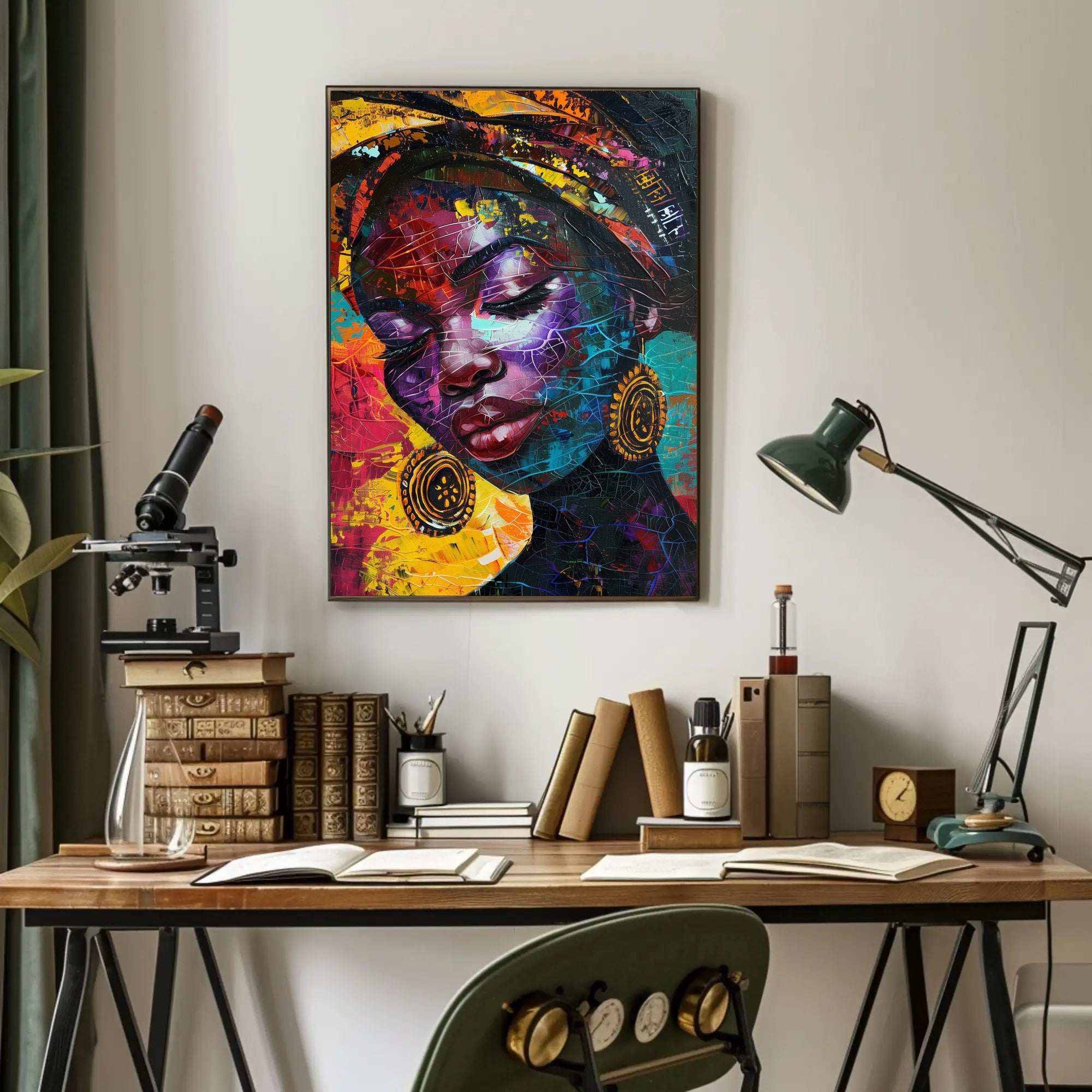 Abstract Woman Portrait with Vibrant Headscarf Artistic Poster PosterGoat