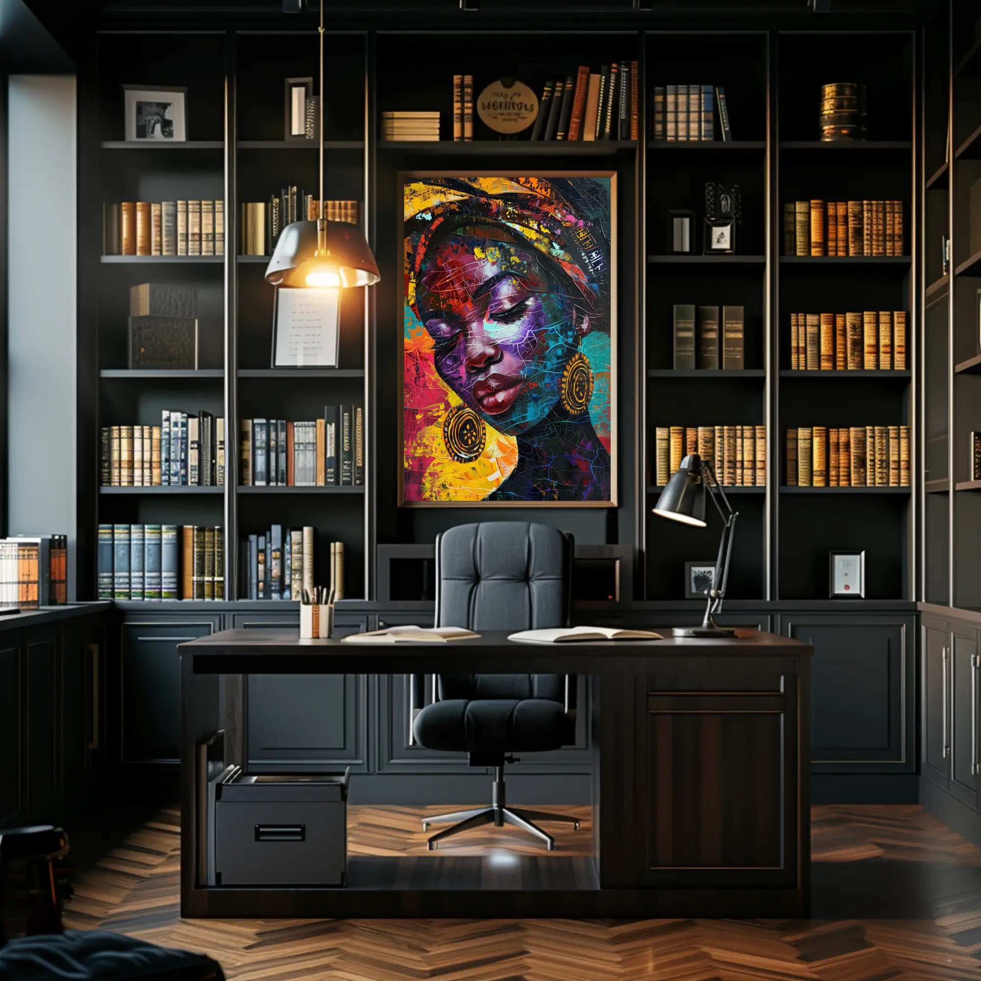 Abstract Woman Portrait with Vibrant Headscarf Artistic Poster PosterGoat