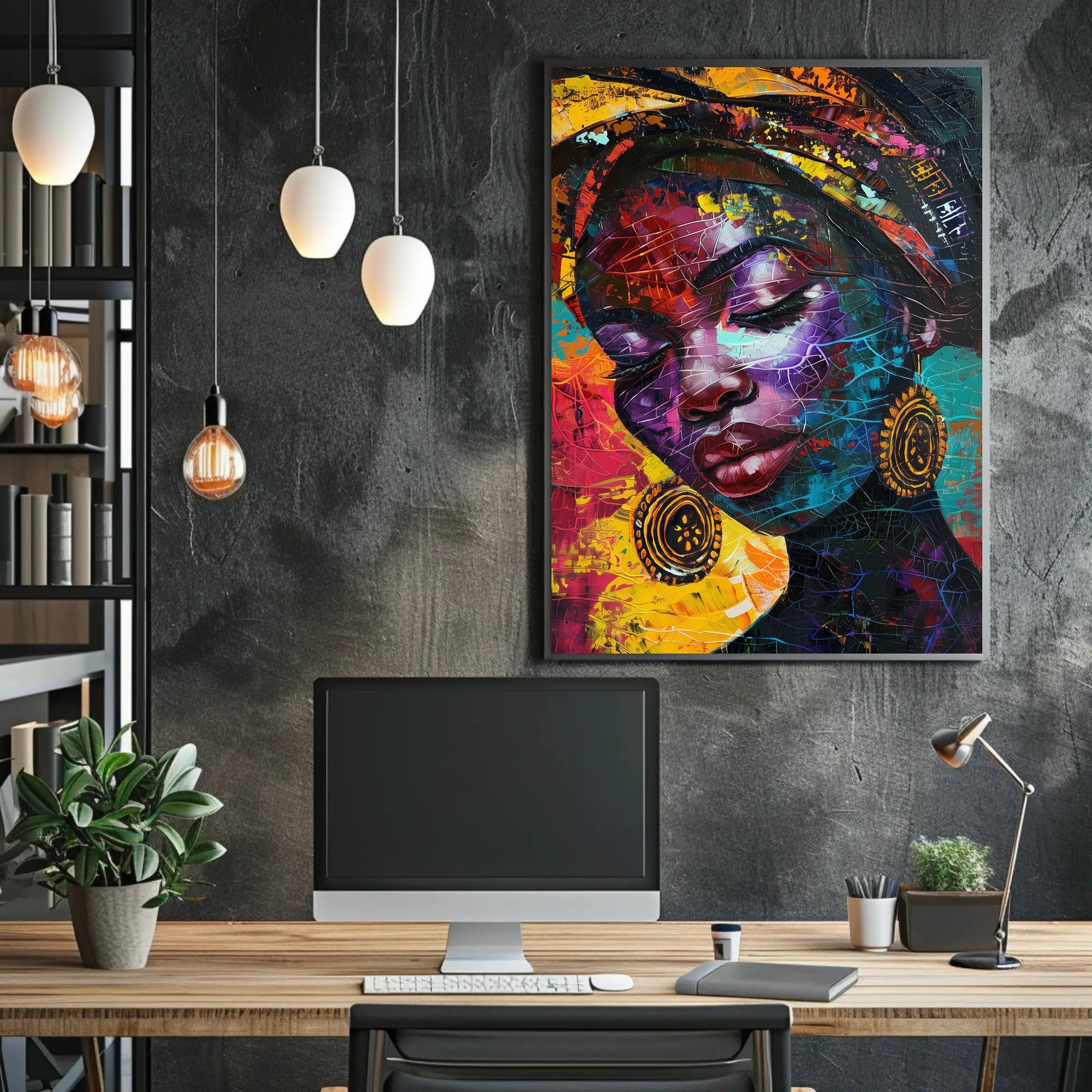 Abstract Woman Portrait with Vibrant Headscarf Artistic Poster PosterGoat