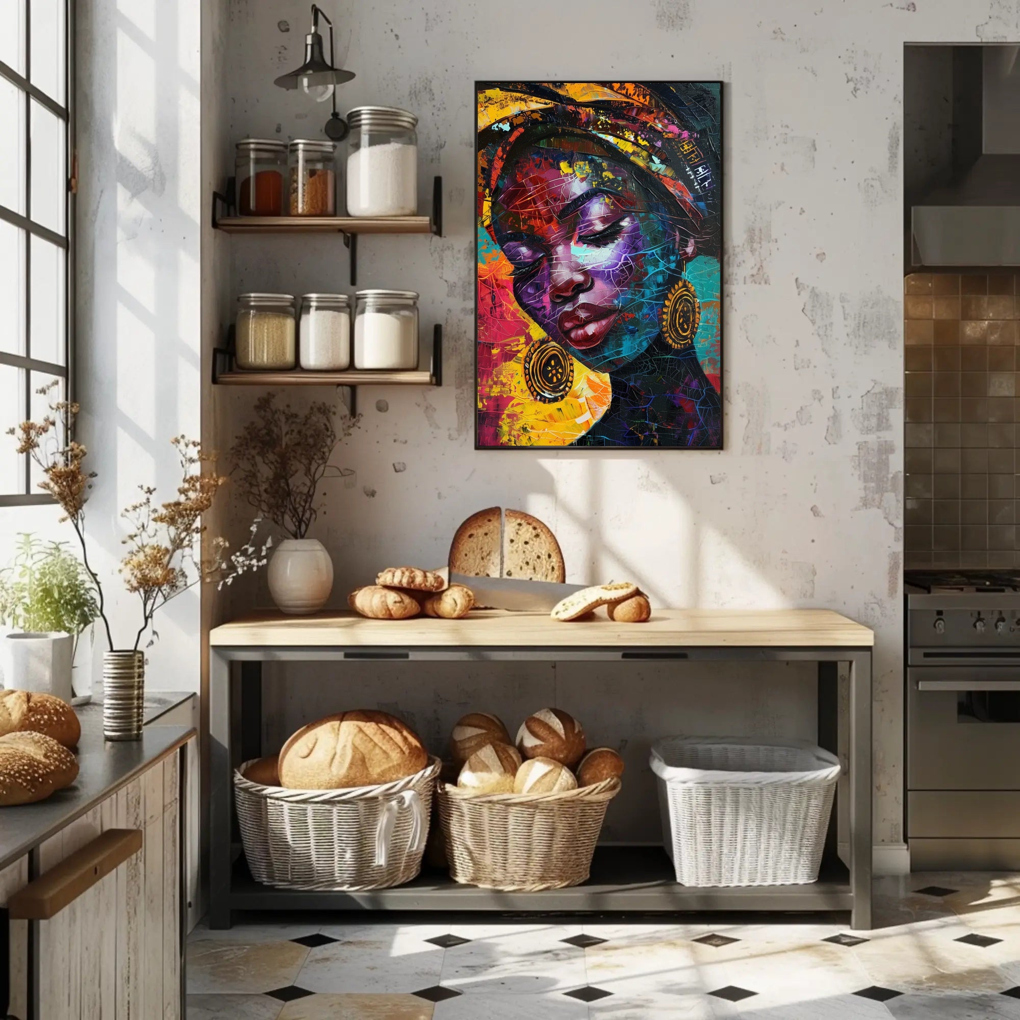 Abstract Woman Portrait with Vibrant Headscarf Artistic Poster PosterGoat