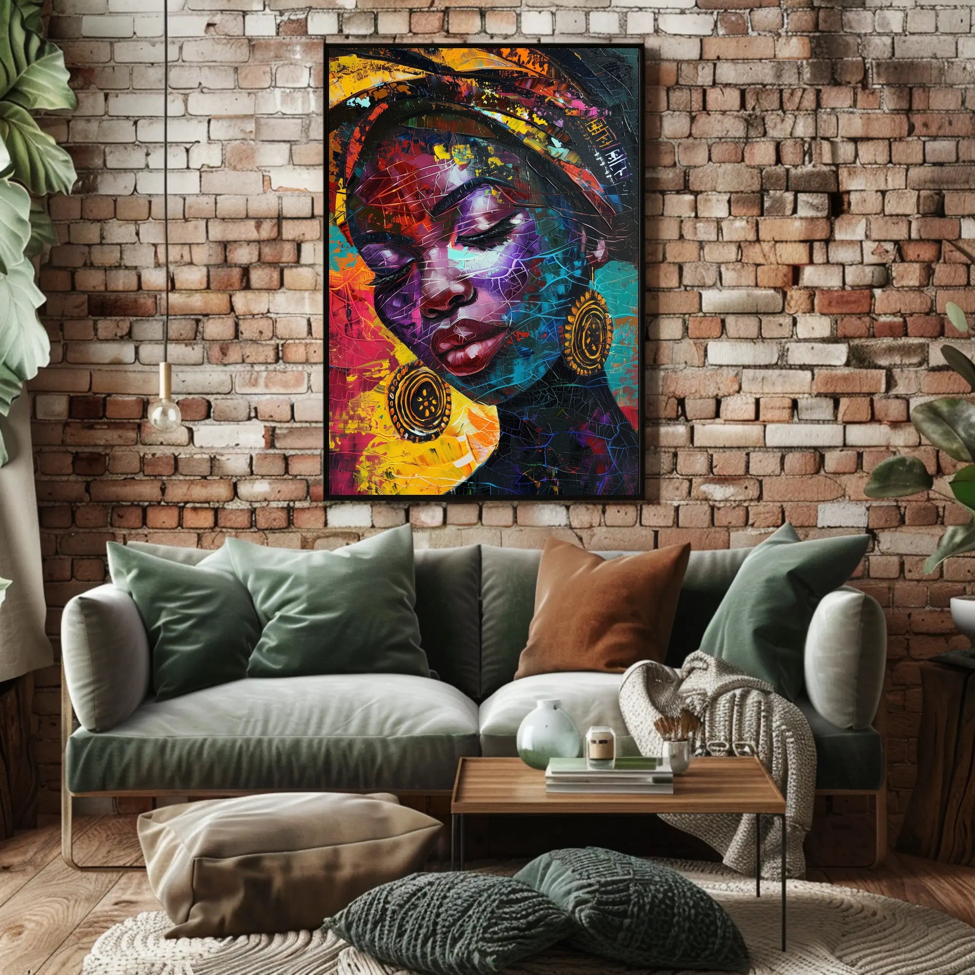 Abstract Woman Portrait with Vibrant Headscarf Artistic Poster PosterGoat