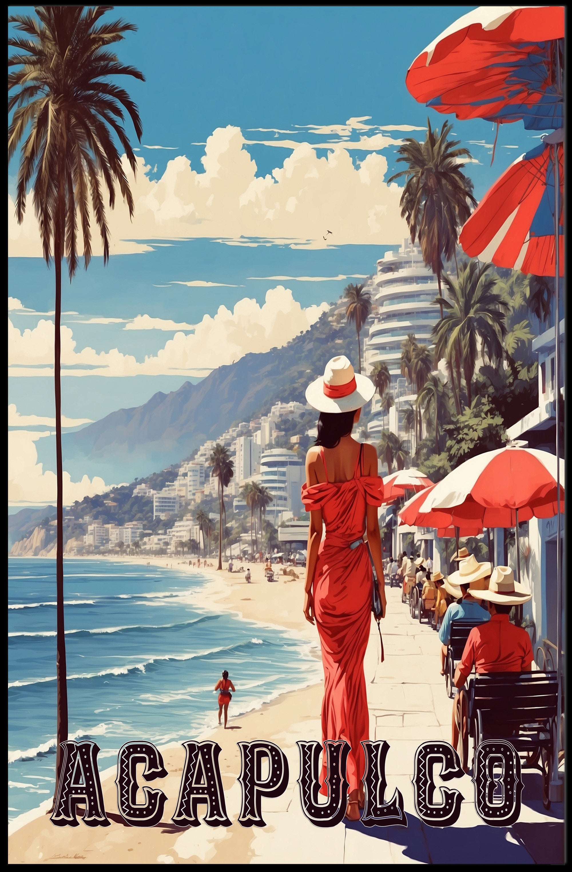 Acapulco Beach Stroll Vintage Travel Poster PosterGoat