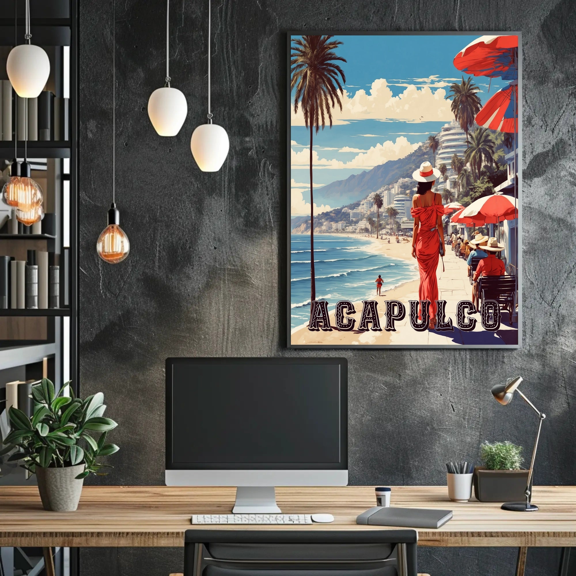 Acapulco Beach Stroll Vintage Travel Poster PosterGoat
