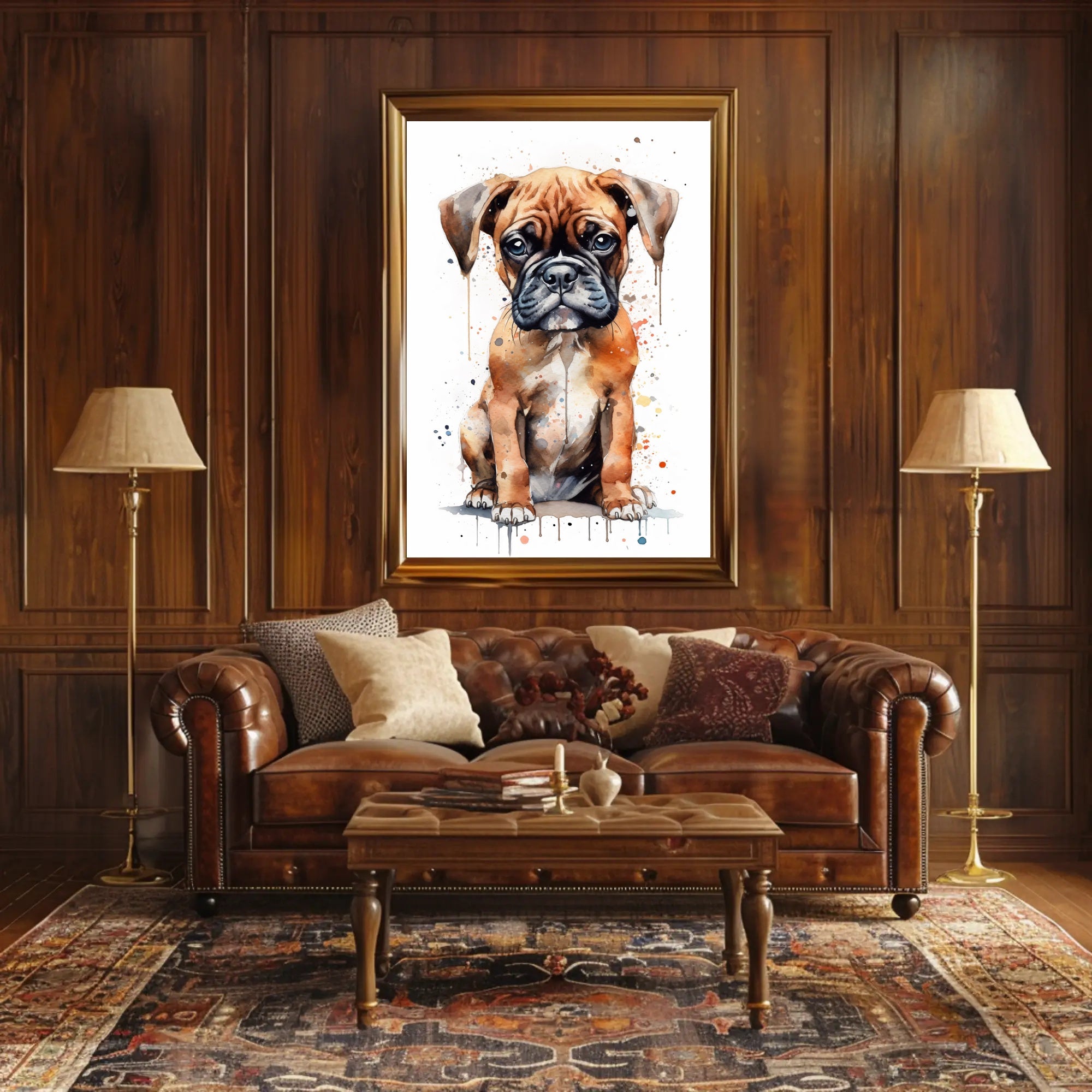 Adorable Boxer Puppy in Vibrant Watercolor Dog Breed Poster PosterGoat