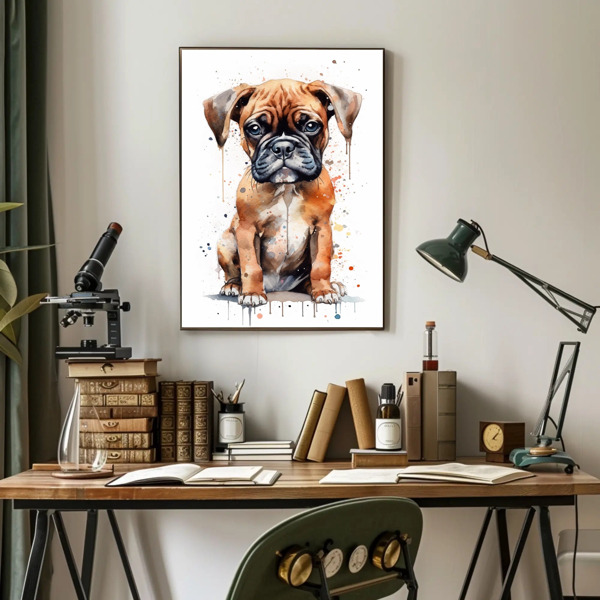 Adorable Boxer Puppy in Vibrant Watercolor Dog Breed Poster PosterGoat