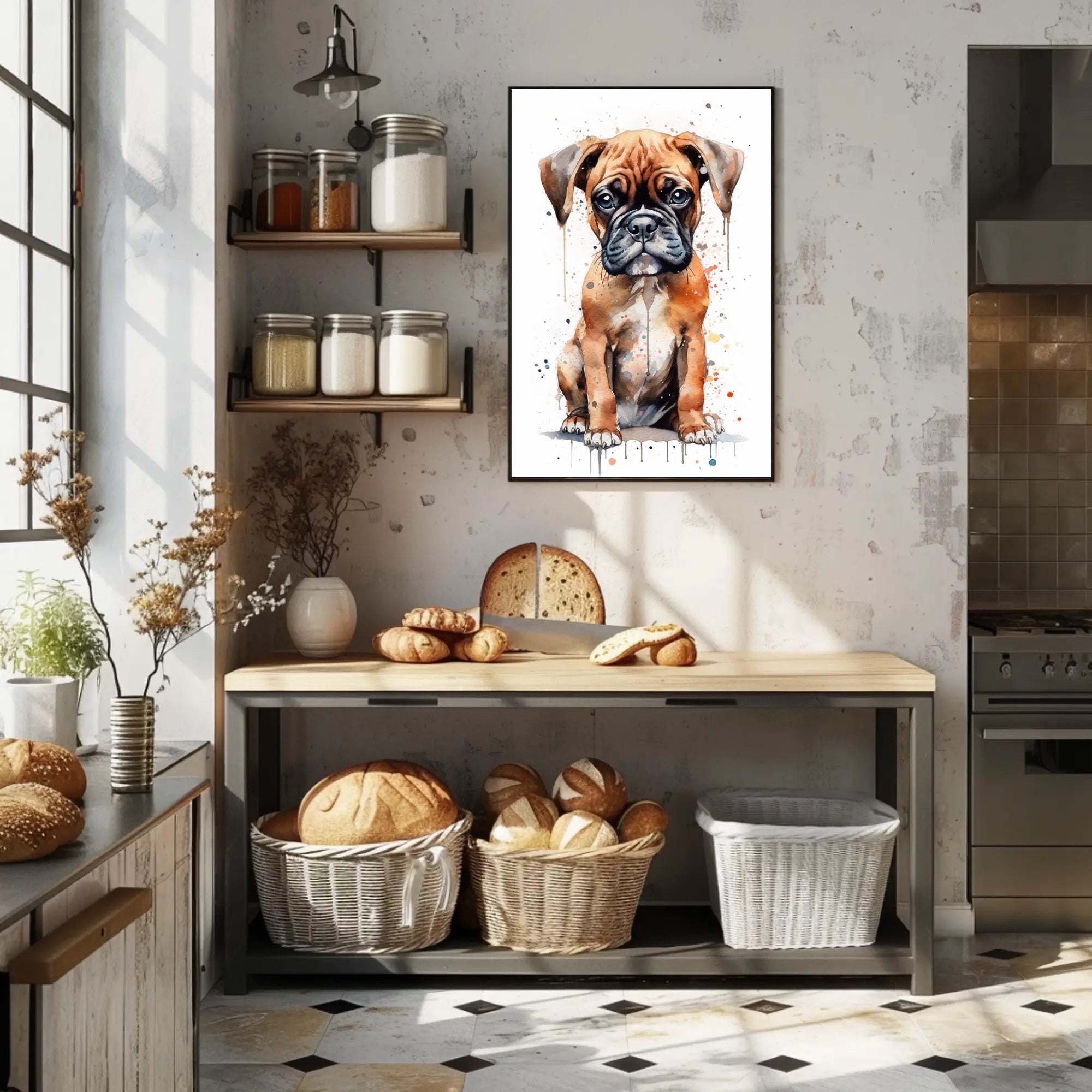 Adorable Boxer Puppy in Vibrant Watercolor Dog Breed Poster PosterGoat