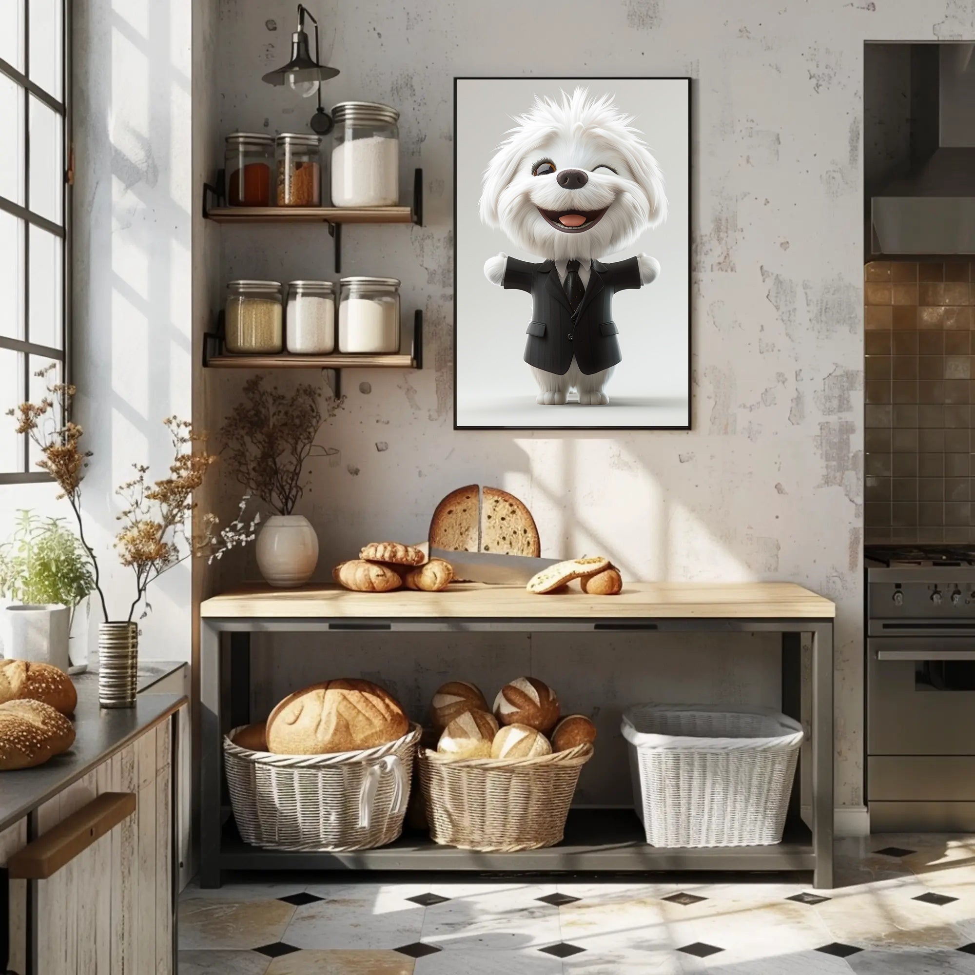 Adorable Fluffy Dog in Suit Cartoon Animal Poster PosterGoat