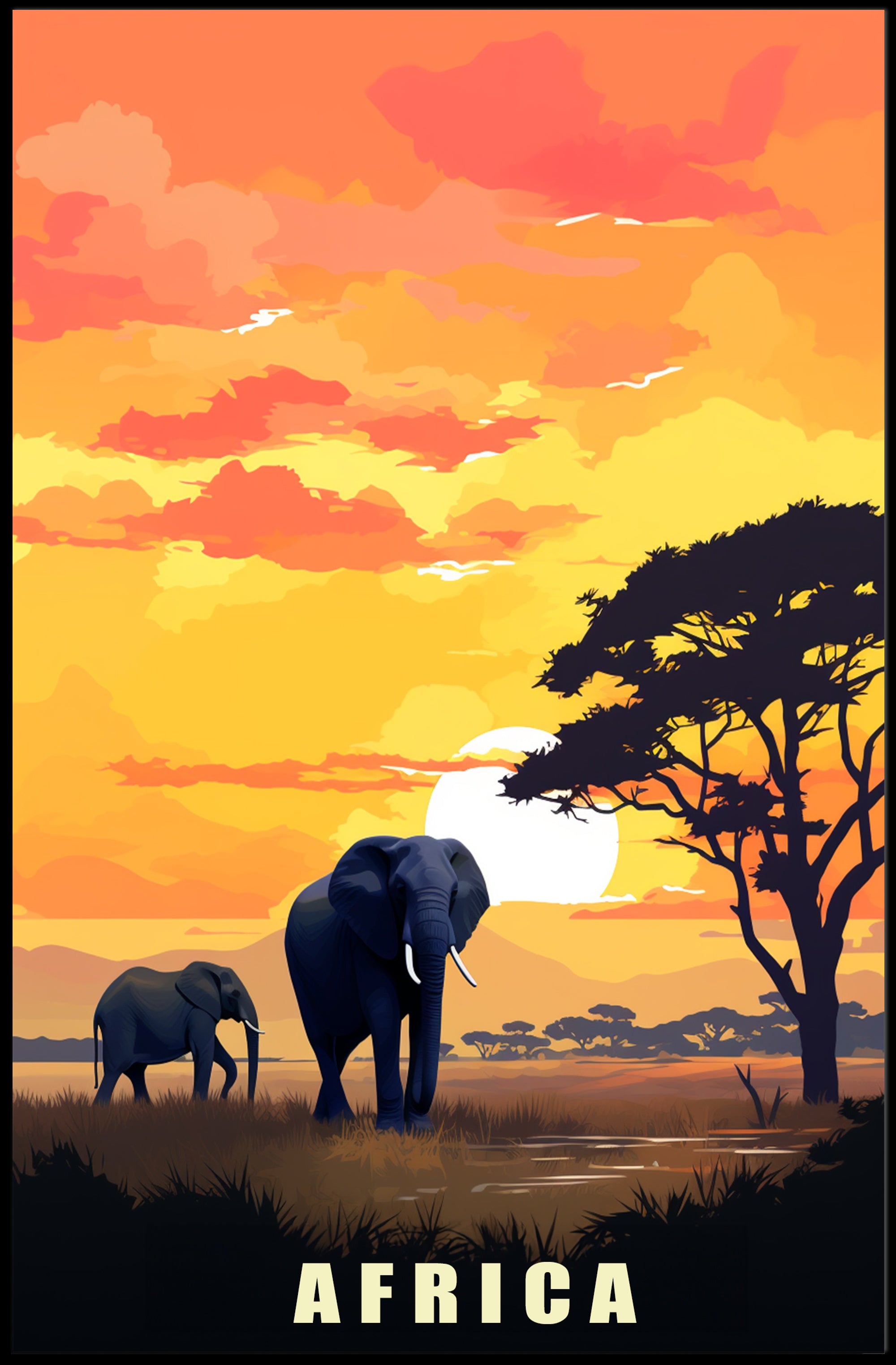 African Elephants at Sunset Travel Poster PosterGoat