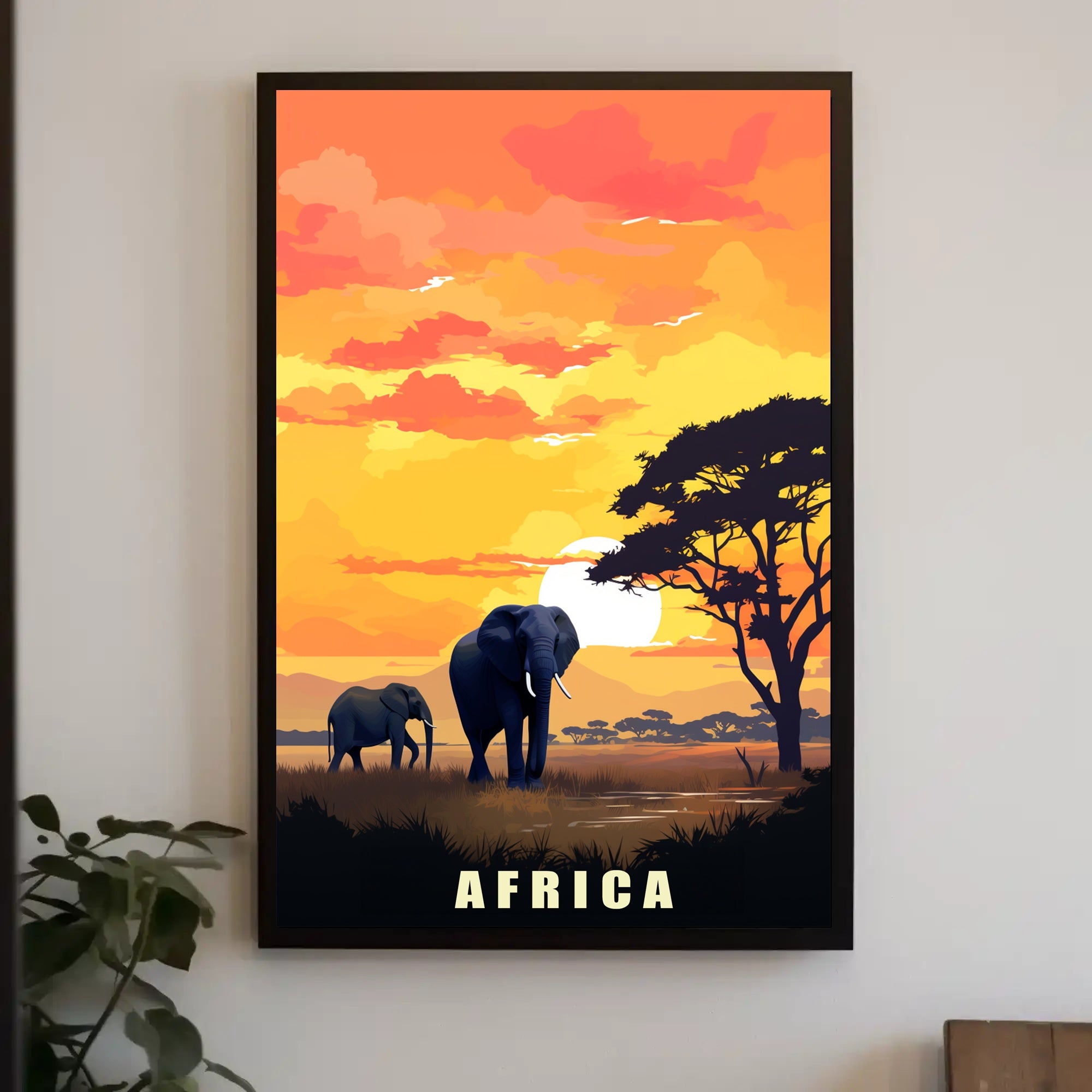 African Elephants at Sunset Travel Poster PosterGoat