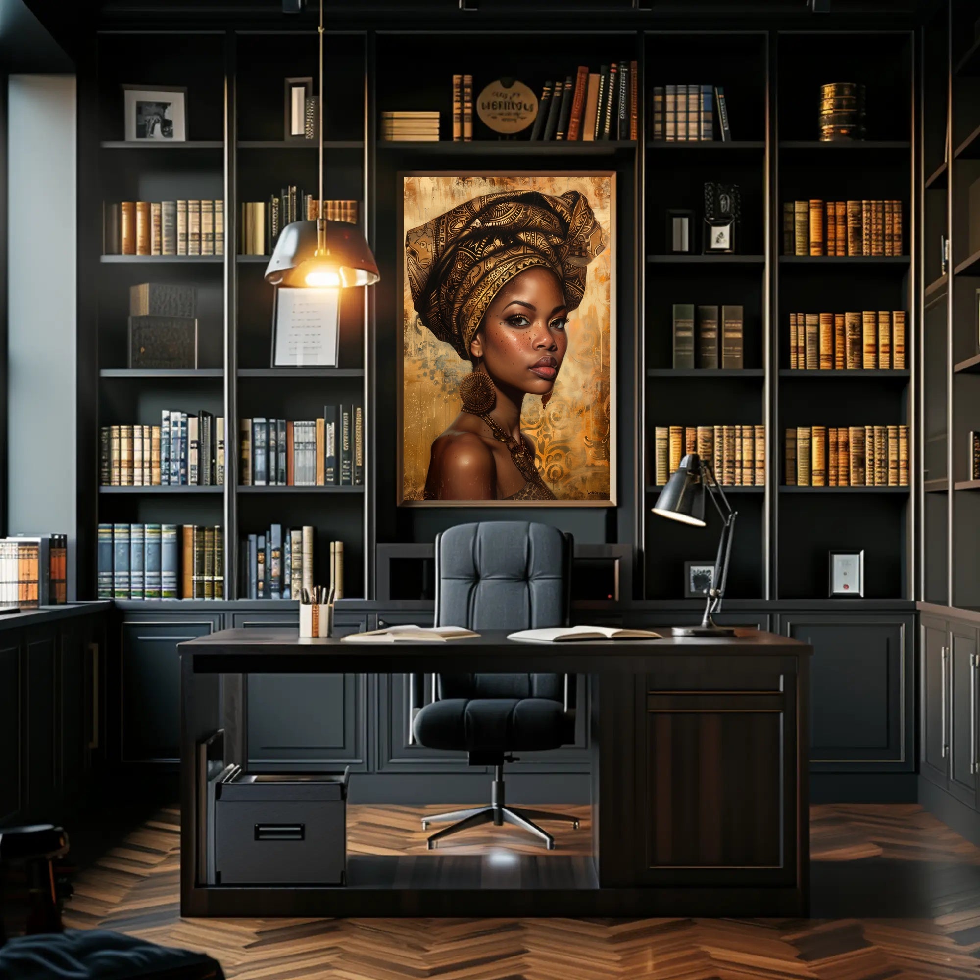 African Woman with Intricate Headwrap Cultural or Heritage Poster PosterGoat