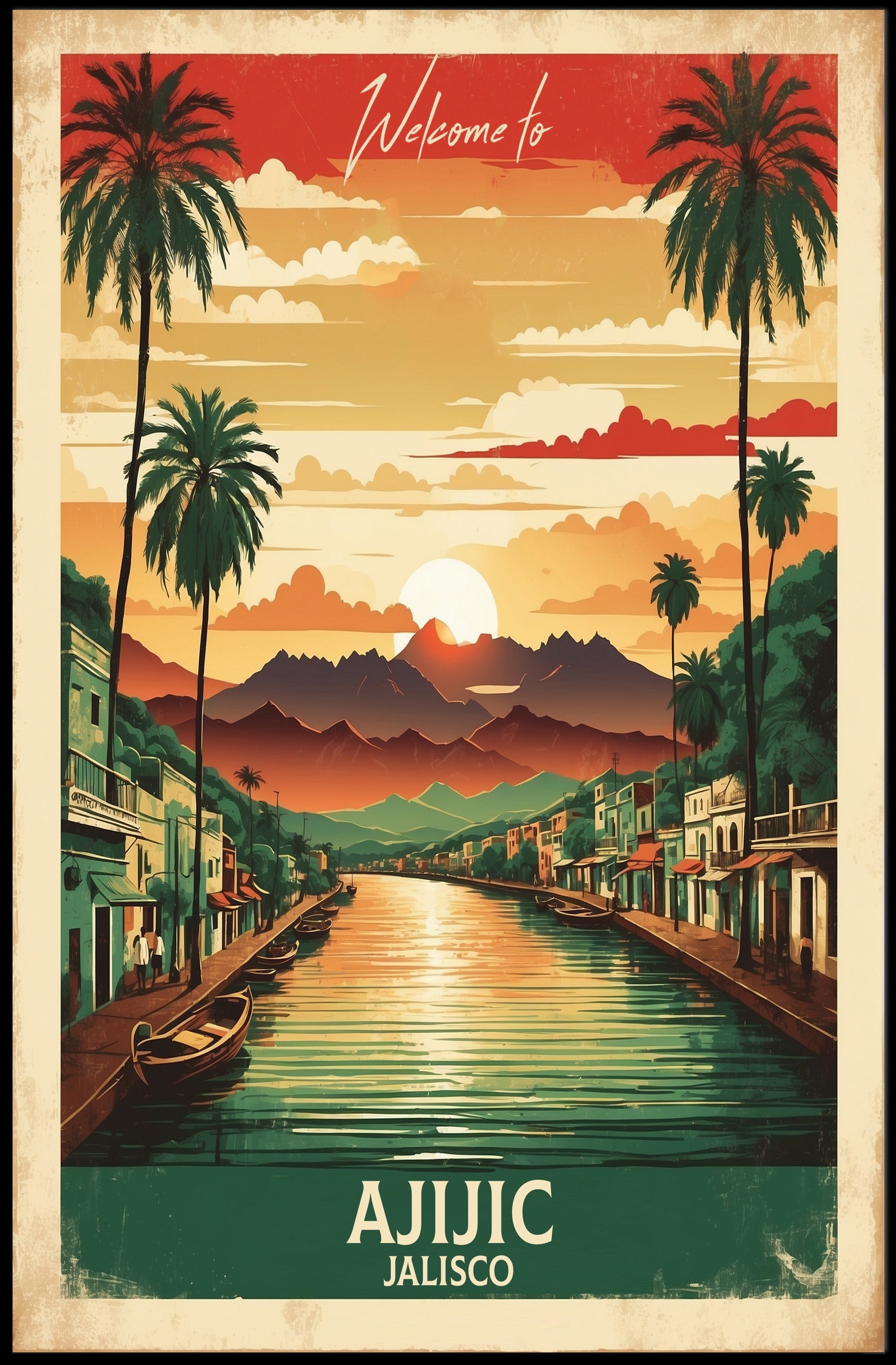 Ajijic Sunset Waterfront: Vibrant Vintage Travel Poster PosterGoat