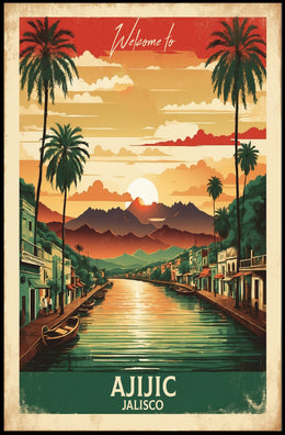 Ajijic Sunset Waterfront: Vibrant Vintage Travel Poster PosterGoat