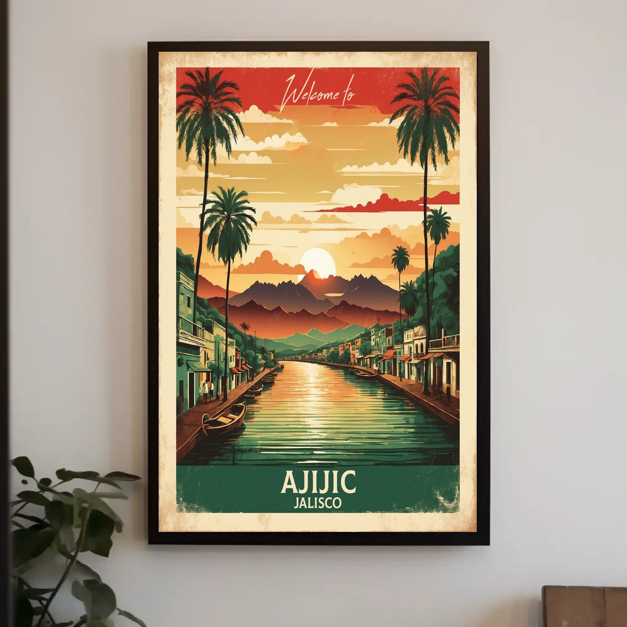 Ajijic Sunset Waterfront: Vibrant Vintage Travel Poster PosterGoat