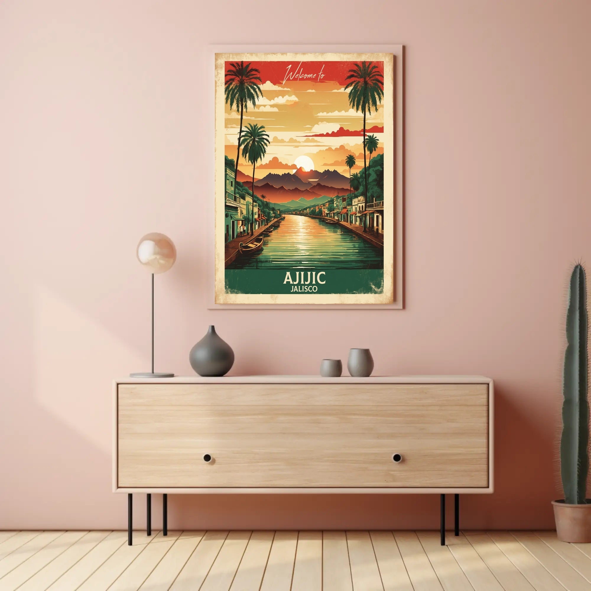 Ajijic Sunset Waterfront: Vibrant Vintage Travel Poster PosterGoat