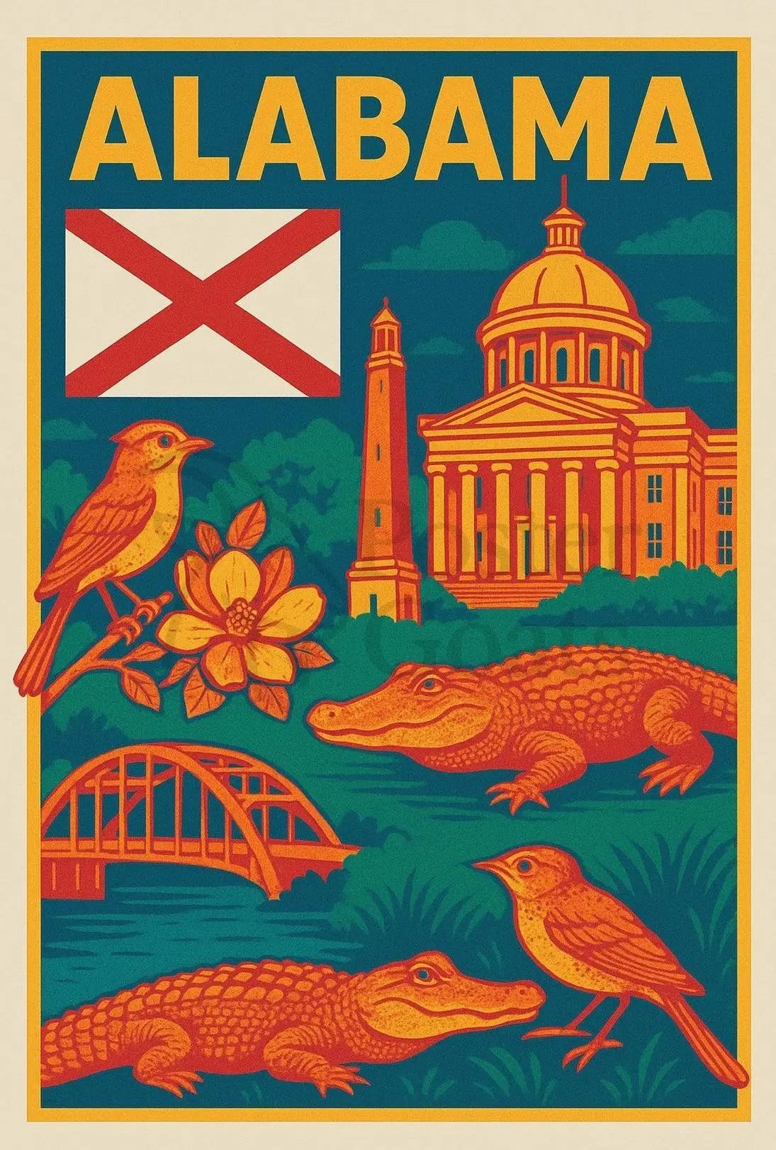 Alabama Retro Travel Artistry: Iconic State Highlights Travel Poster PosterGoat