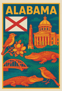 Alabama Retro Travel Artistry: Iconic State Highlights Travel Poster PosterGoat