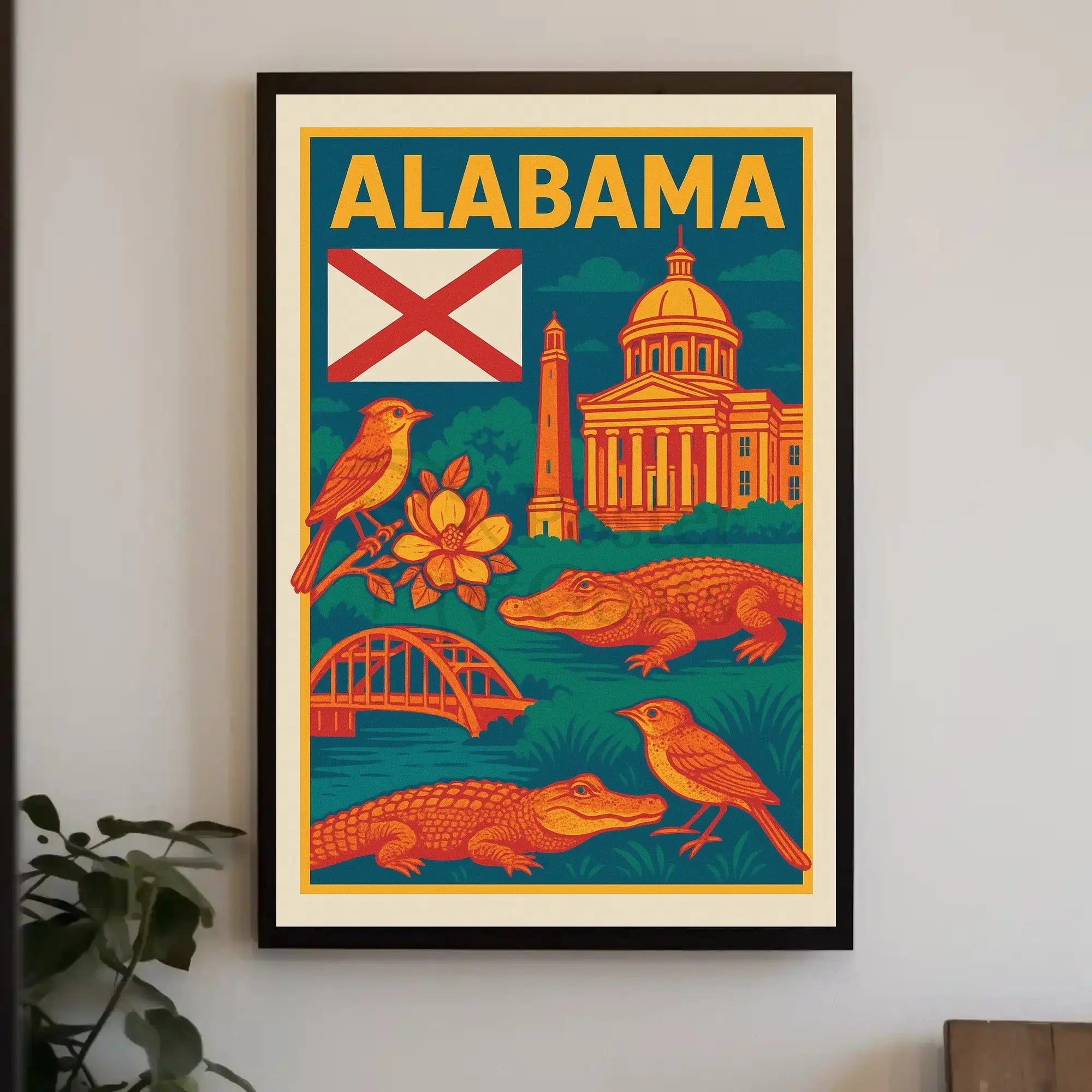 Alabama Retro Travel Artistry: Iconic State Highlights Travel Poster PosterGoat