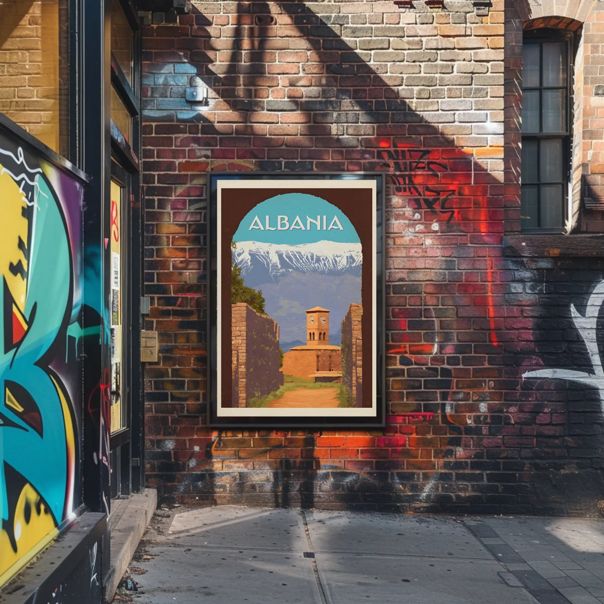 Albania Scenic Travel Poster with Clock Tower PosterGoat