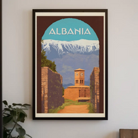 Albania Scenic Travel Poster with Clock Tower PosterGoat