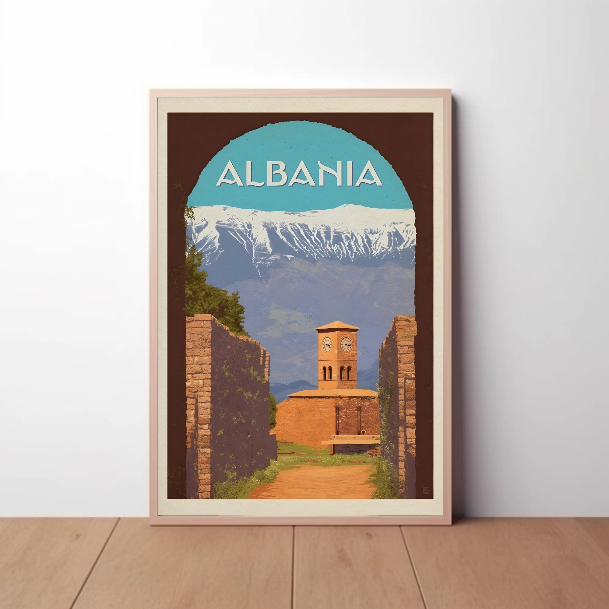 Albania Scenic Travel Poster with Clock Tower PosterGoat