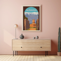Albania Scenic Travel Poster with Clock Tower PosterGoat