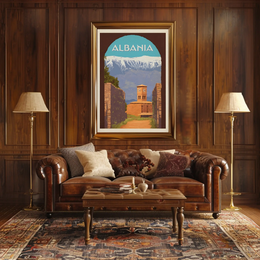 Albania Scenic Travel Poster with Clock Tower PosterGoat