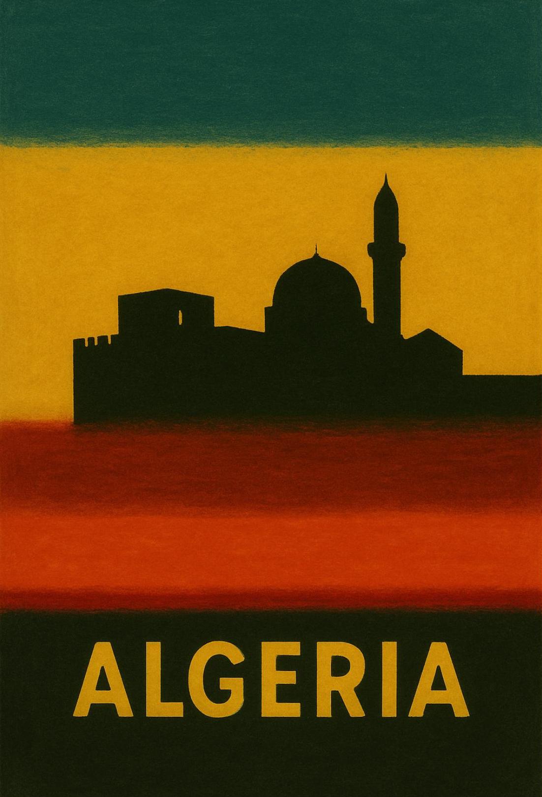 Algerian Cityscape Silhouette with Bold Colors Heritage Poster PosterGoat
