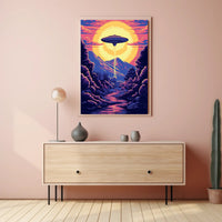"Alien Encounter at Dusk" Poster showcases a colorful UFO scene, perfect for decor lovers and wanderlust spirits.