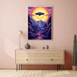 "Alien Encounter at Dusk" Poster showcases a colorful UFO scene, perfect for decor lovers and wanderlust spirits.