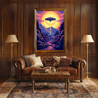 "Alien Encounter at Dusk" Poster adds charm to any room with its captivating extraterrestrial scenery. Perfect for decor lovers.