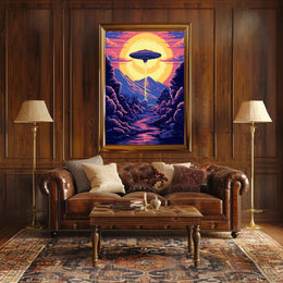 "Alien Encounter at Dusk" Poster adds charm to any room with its captivating extraterrestrial scenery. Perfect for decor lovers.