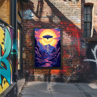 "Alien Encounter at Dusk" Poster showcases vibrant alien scenery, perfect for decor enthusiasts and adventure lovers.