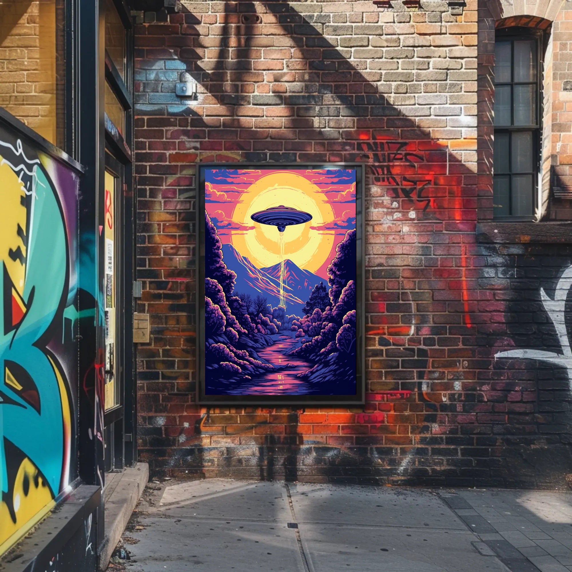 "Alien Encounter at Dusk" Poster showcases vibrant alien scenery, perfect for decor enthusiasts and adventure lovers.