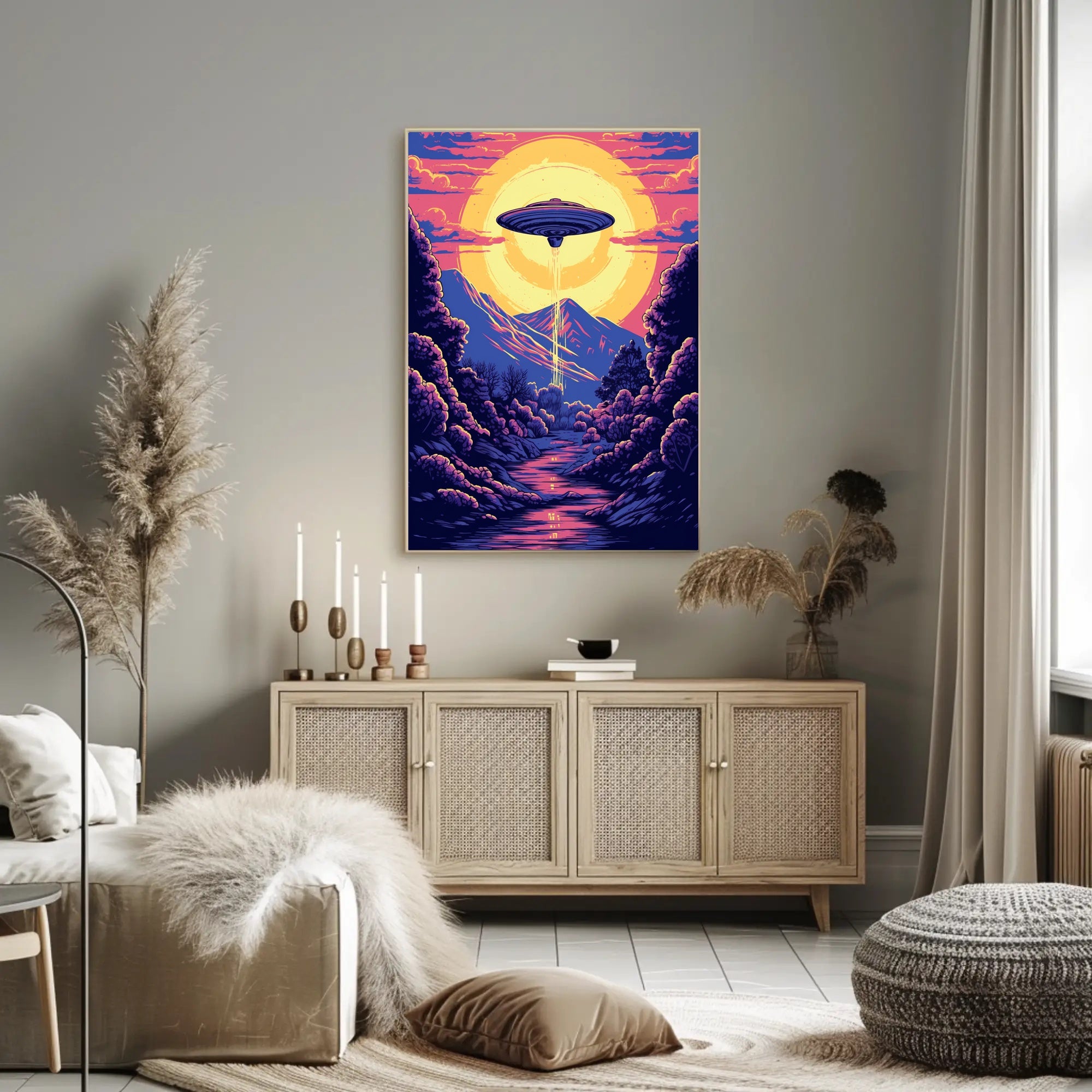 "Alien Encounter at Dusk" Poster adds a cosmic touch to your space with vibrant, adventurous scenery for decor lovers.