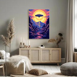 "Alien Encounter at Dusk" Poster adds a cosmic touch to your space with vibrant, adventurous scenery for decor lovers.