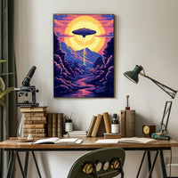 "Alien Encounter at Dusk" Poster showcasing a UFO above a vibrant landscape, perfect for decor lovers and adventure seekers.