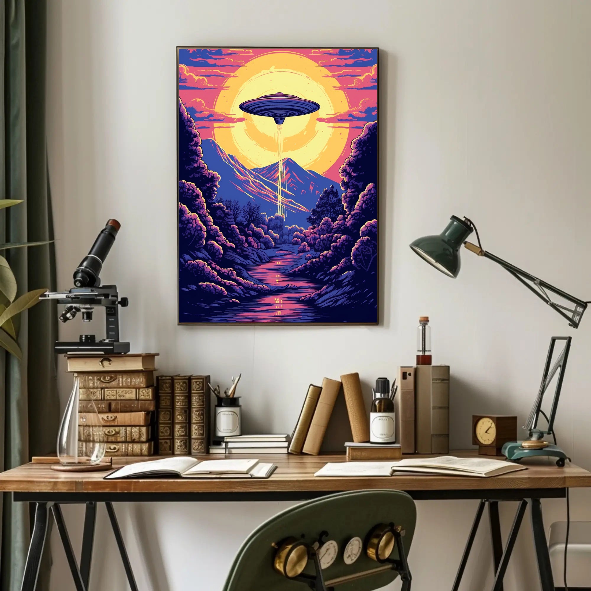 "Alien Encounter at Dusk" Poster showcasing a UFO above a vibrant landscape, perfect for decor lovers and adventure seekers.