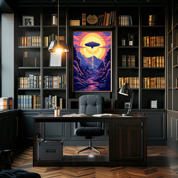 "Alien Encounter at Dusk" Poster adds a whimsical touch to your space with its vibrant alien landscape design.