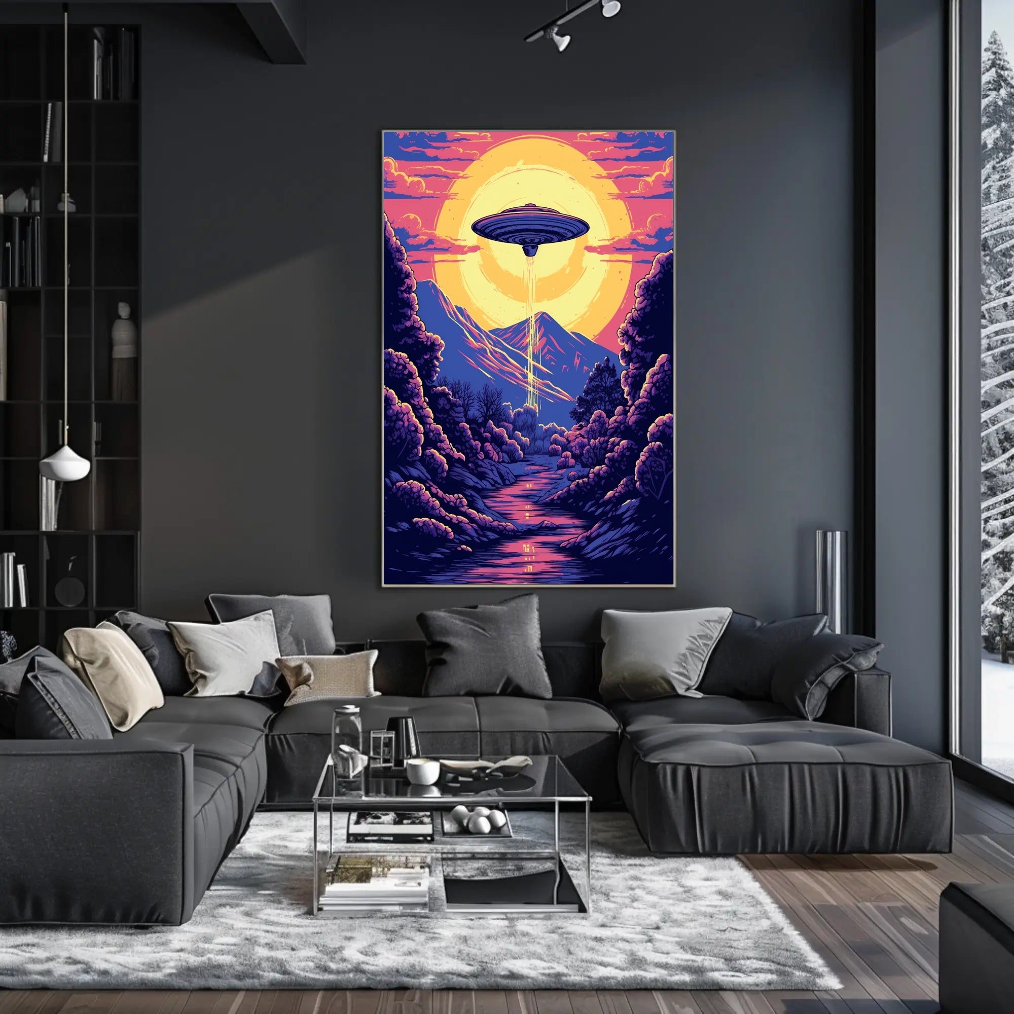 "Alien Encounter at Dusk" Poster brings vibrant extraterrestrial charm to your home decor with stunning visuals.