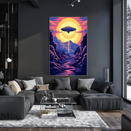 "Alien Encounter at Dusk" Poster brings vibrant extraterrestrial charm to your home decor with stunning visuals.