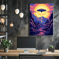 "Alien Encounter at Dusk" Poster showcases a stunning UFO scene, perfect for decor lovers seeking adventure.